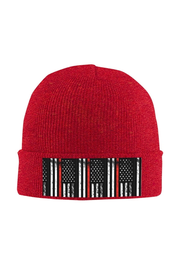 Firefighter Firefighting Flag Winter Beanie Hats for Men Women Warm Cozy Knitted Cuffed Skull Cap Red