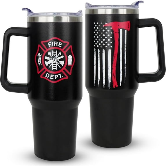 Firefighter Fireman Gifts For Men Firefighter Gifts Tumbler with handle 40oz, Thin Red Line Flag Design for Fireman, Firefighter Graduation Gifts, First Responder Birthday Gift (40oz Black)