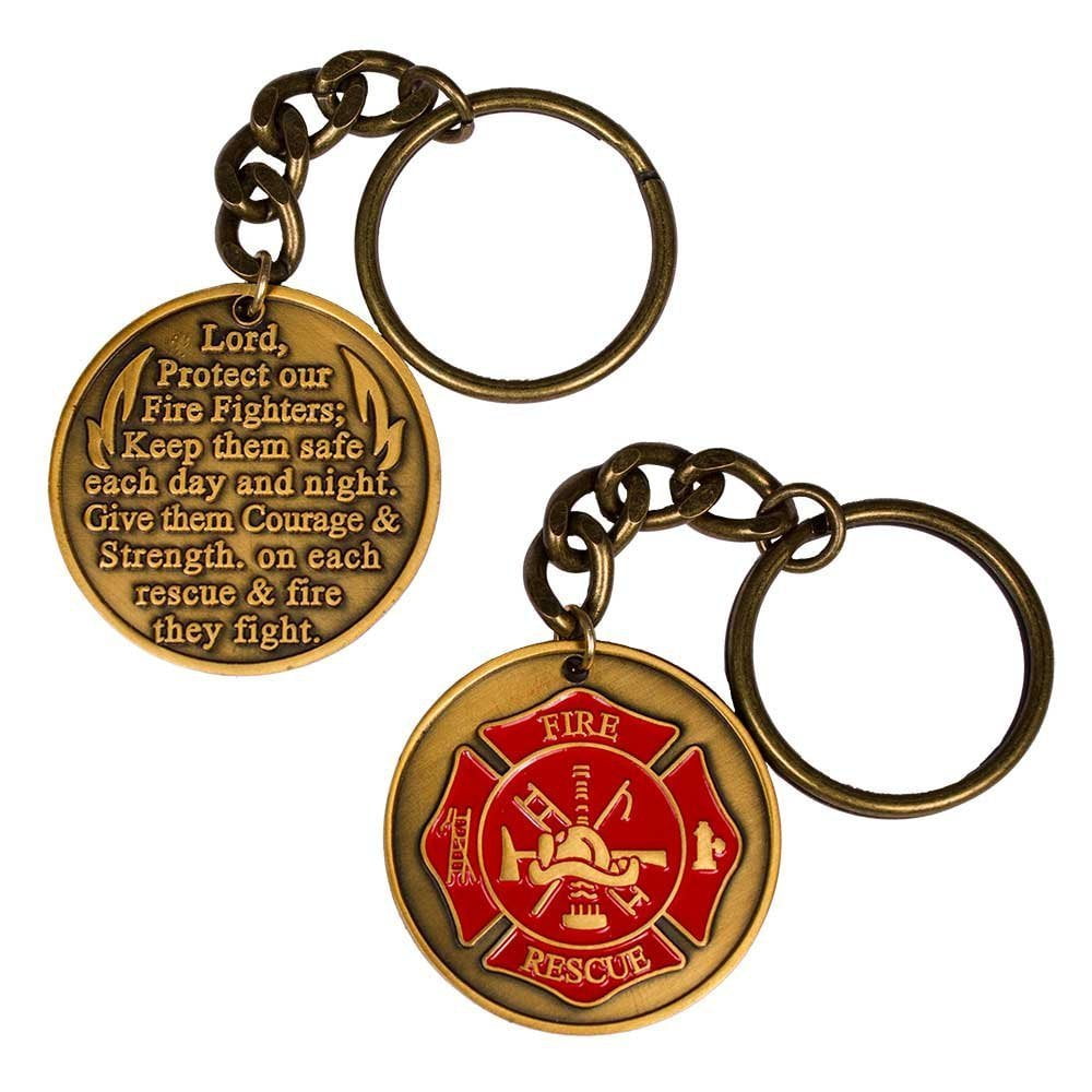 Firefighter Prayer Charm Keychain, Gold Maltese Cross, Perfect