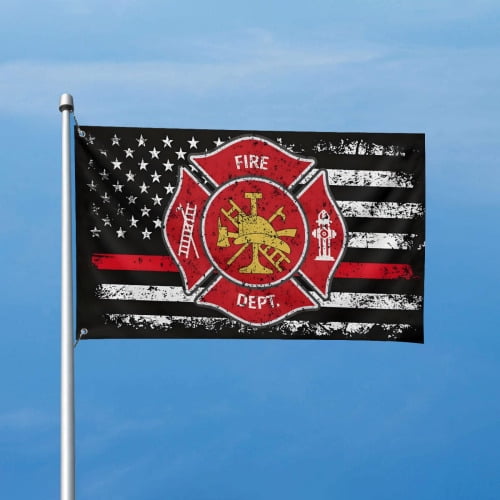Firefighter Flag 5X3 Outdoor Fire Department Thin Red Line American Flag Double Sided Cross Flag Fire Flags Polyester with 2 Brass Grommets for Lawn Patio Yard Garden Home Outside Indoor Decor Banner