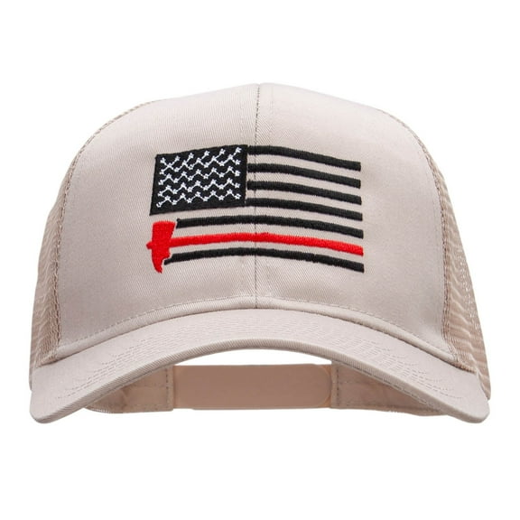 Firefighter Flag Embroidered Solid Cotton Prostyle Twill Mesh Cap - Khaki OSFM