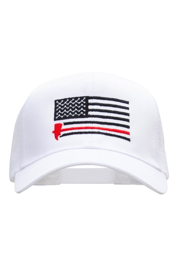 Firefighter Flag Embroidered Solid Cotton Prostyle Twill Mesh Cap - White OSFM