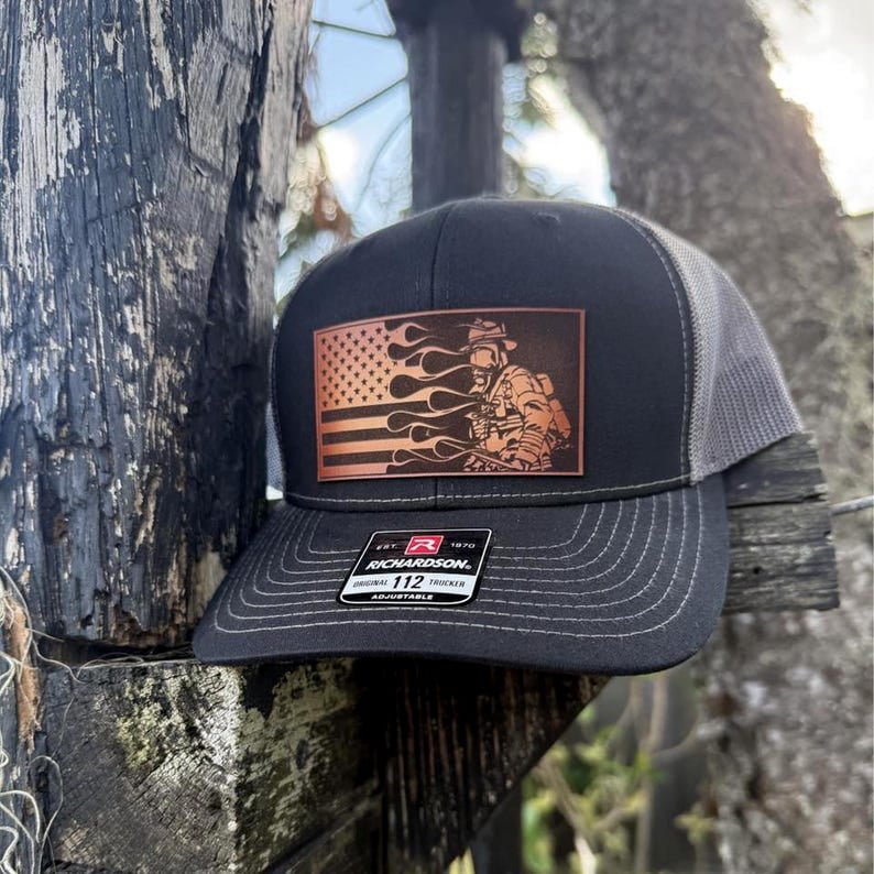 Firefighter Flag Hat, Leather Patch Hat, Richardson 112 Trucker Cap ...
