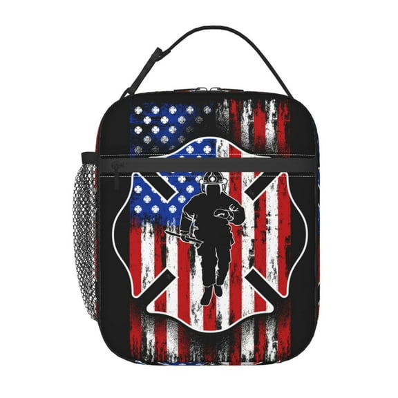 Firefighter Flag Shield Insulated Lunch Bag For Women Men, Portable Leakproof Tote Cooler Meal Bag, Reusable Lunch Box For Work/Office/Picnic/Travel