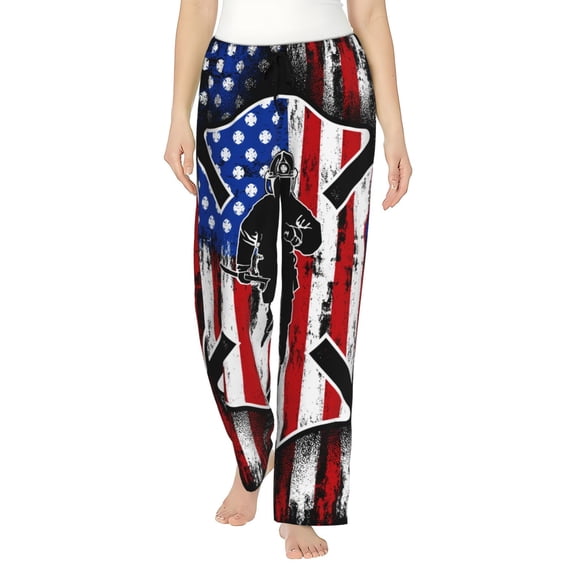 Firefighter Flag Shield Women's Comfy Pajama Pants With Pockets,Soft Stretch Drawstring Lounge Pants, Soft Casual Wide Leg Pjs Sleep Bottoms Medium