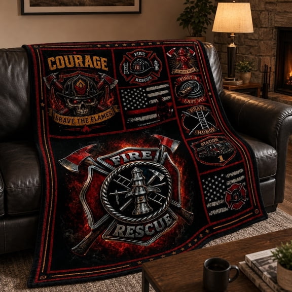 Firefighter Fleece Throw Blanket – Fire Rescue Courage Graphic, Soft 280GSM Polyester, Sofa & Bed Blanket, Gift for Firefighters