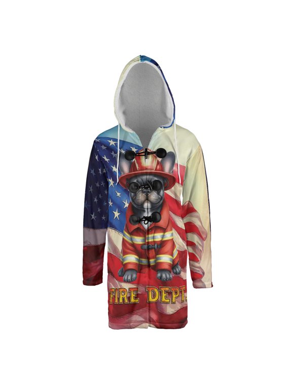 Firefighter French Bulldog Hero Rescue Fire Dept Fireman USA Flag All Over Print 3D Hooded Duffle Toggle Coat Dog Lover Gifts - 02026