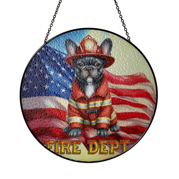 Firefighter French Bulldog Hero Rescue Fire Dept Fireman USA Flag Stained Glass Suncatcher Dog Lover Gifts Window Hanging Sign Decor - 02026