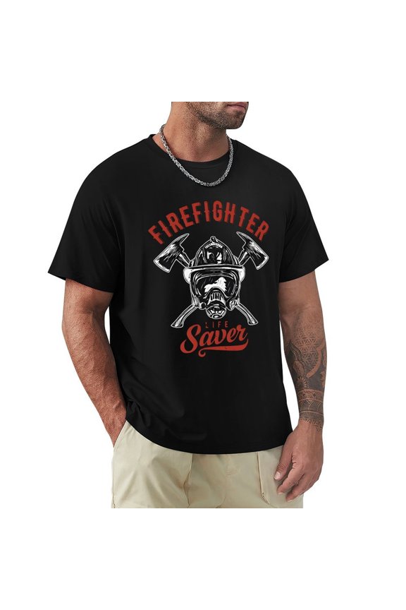 Firefighter Funky Men's Cotton Short Sleeve HD Print Tee for Casual T-Shirt Crew Neck Top Black 3XL