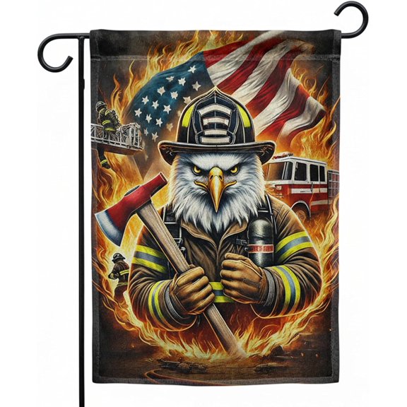 Firefighter Garden Flag 12x18 Inch Double Sided Decorative Banner With Bold Eagle Axe Design for Indoor or Outdoor Display