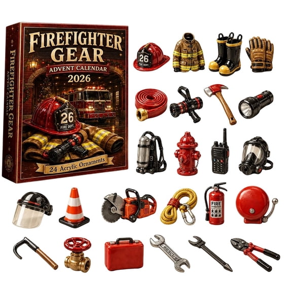 Firefighter Gear 2026 Advent Calendar, 24 Days Countdown with Flat Acrylic Fireman Ornaments for Christmas