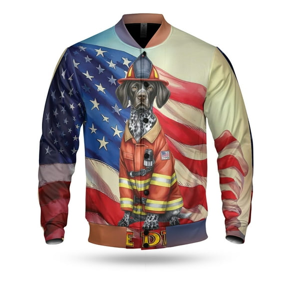 Firefighter German Shorthaired Pointer Hero Rescue Fire Dept Fireman USA Flag All Over Print 3D Baseball Jacket GSP Lover Dog Gift Bomber Jacket Softball - 02026
