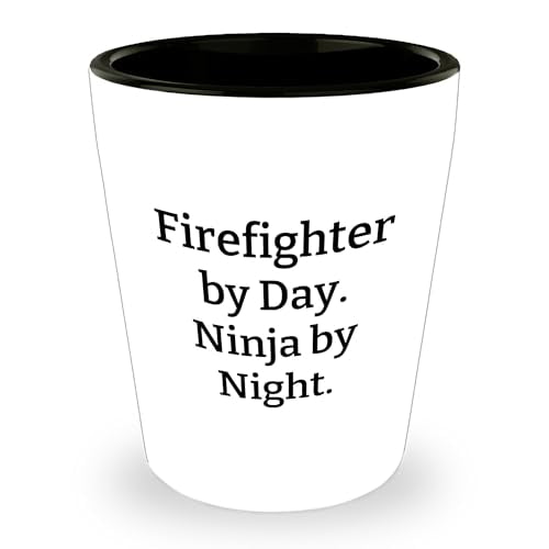 Firefighter Gifts by Day Funny Ninja Shot Glass, 1.5oz White Ceramic for Firefighter Lovers, Birthday Unique Gifts for Firefighter, Firefighter Humor, Funny Firefighter Accessories