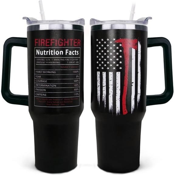 Firefighter Gifts for Men, Father''s Day Gift Ideas, 40 oz Firefighter Tumbler with Handle and Straw, Reusable Stainless Steel Coffee Mug with Leak Proof, Fireman Gifts for Men