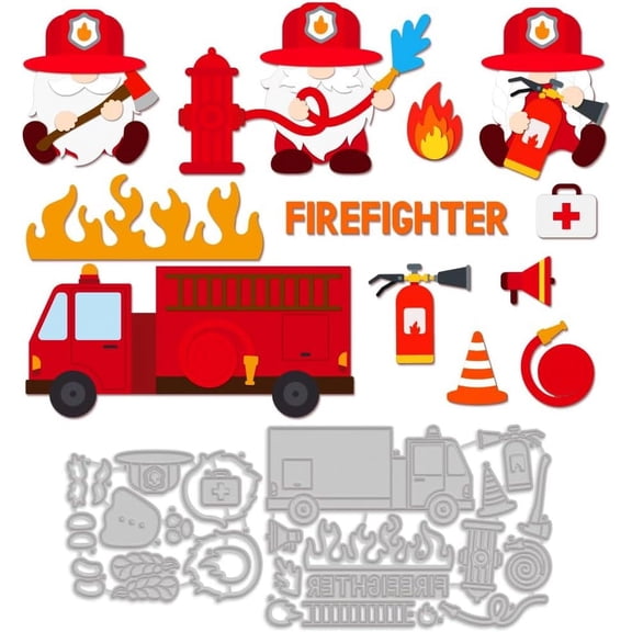 Firefighter Gnome Cutting Dies Fireman Gnome Die Cuts for Card Making Carbon Steel Embossing Template Fire Truck Fire Protection Theme Pattern for Scrapbooking DIY Paper Craft Supplies DIY