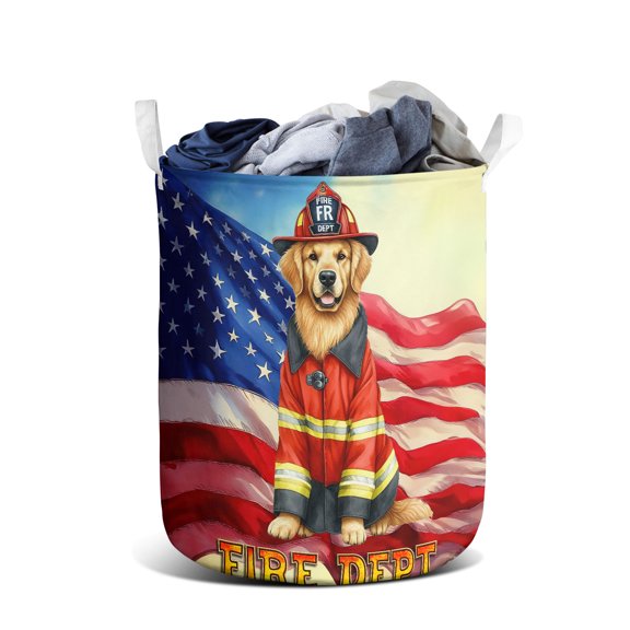 Firefighter Golden Retriever Hero Rescue Fire Dept Fireman USA Flag Foldable Laundry Basket Goldens Dog Lover Gifts Idea Organizer Storage with Handles - 02026