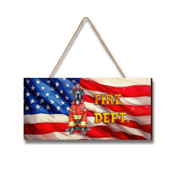 Firefighter Great Dane Hero Rescue Fire Dept Fireman USA Flag Landscape Wood Sign Danes Dog Lover Gifts Hanging Wall Home Decor - 02026
