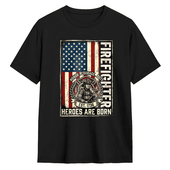 Firefighter Hero American Flag Vintage Graphic Tee for Men, Funny Firefighter Cotton Short Sleeves T-Shirt