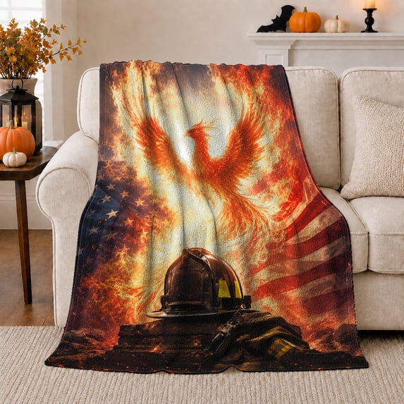 Firefighter Hero Flame Phoenix American Flag, Dramatic Artistic Scene, Warm Flannel Blanket for Office and Dorm, Art Lovers Appreciation Gift, Artistic Home Decor