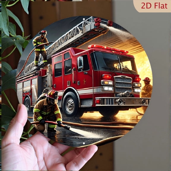 Firefighter Heroism Metal Wall Art, Round Aluminum Sign Featuring Fire Rescue Scene, 8x8 Inch Decorative Plaque for Home Office or Fire Station Decor