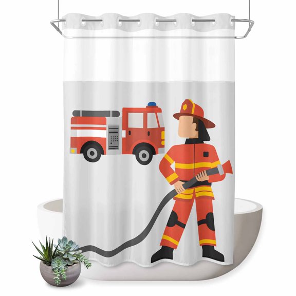Firefighter No Hook Shower Curtain Carton Fireman in Uniform Red Fire Truck Grey Shower Curtain with See Through Top Window, Waterproof Washable Fabric Curtain for Bathroom Hotel Decor, 72Wx96L