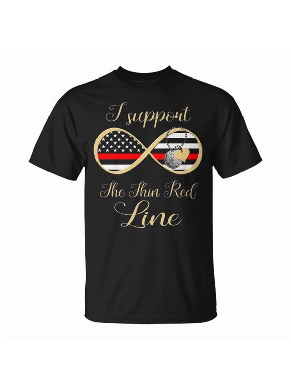 Firefighter I Support the Thin Red Line Graphic Tee Unisex Adult Cotton Shirt for First Responders and Firefighter Supporters Casual Wear Gift, Size S, Color Black