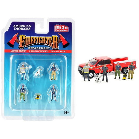 Firefighter II 6 piece Diecast Set (4 Figurines, 1 Dog and 1 Accessory) for 1/64 Scale Models by American Diorama