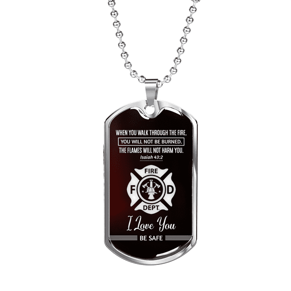 Firefighter Isaiah 43:2 Necklace Stainless Steel or 18k Gold Dog Tag 24" Chain