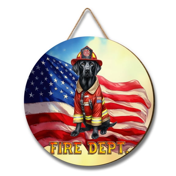 Firefighter Labrador Retriever Hero Rescue Fire Dept Fireman USA Flag Round Wood Sign Lab Dog Lover Gifts Hanging Wall Home Decor - 02026