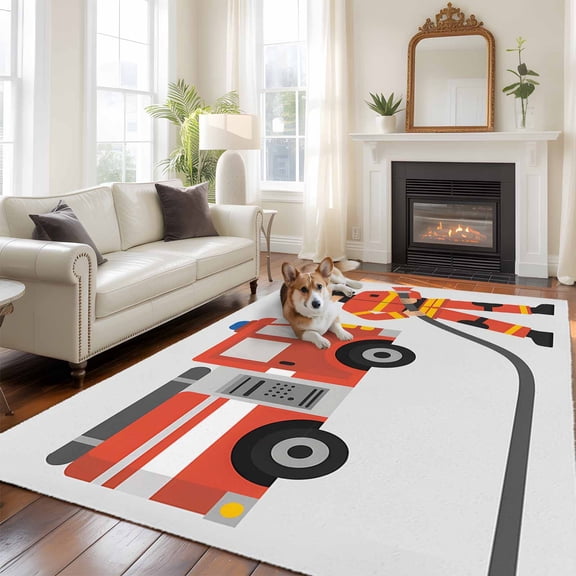 Firefighter Large Area Rugs 5x8 ft Carton Fireman in Uniform Red Fire Truck Grey Washable Rug Non Slip Indoor Carpet Absorbent Floor Mat for Living Room Bedroom Dining Room