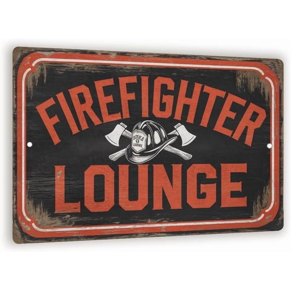 Firefighter Lounge Vintage Metal Sign – Rustic Fire Helmet And Axes Wall Decor – Firefighter Gift For Home Bar, Garage, Or Station 8x12