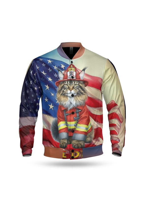 Firefighter Maine Coon Hero Rescue Fire Dept Fireman USA Flag All Over Print 3D Baseball Jacket Cat Lover Kitten Owner Gifts Bomber Jacket Softball - 02026