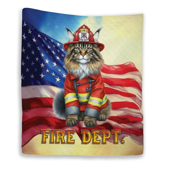 Firefighter Maine Coon Hero Rescue Fire Dept Fireman USA Flag Quilt Blanket Cat Lover Kitten Owner Gifts Cozy Comforter Throw Blanket - 02026