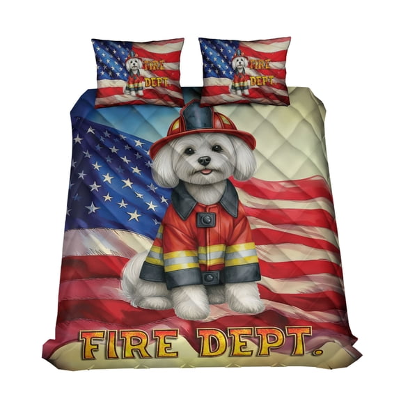 Firefighter Maltese Hero Rescue Fire Dept Fireman USA Flag Quilt Bedding Set Maltese Dog Lover Gifts Idea 1 Blanket Bed Cover 2 Pillowcases - 02026