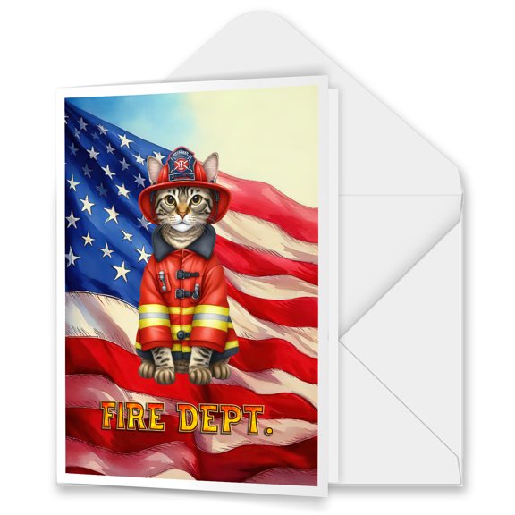 Firefighter Manx Hero Rescue Fire Dept Fireman USA Flag 5x7in Folded Greeting Card Cat Lover Kitten Owner Gifts Single Note Card with Envelope - 02026