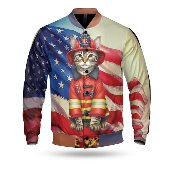Firefighter Manx Hero Rescue Fire Dept Fireman USA Flag All Over Print 3D Baseball Jacket Cat Lover Kitten Owner Gifts Bomber Jacket Softball - 02026