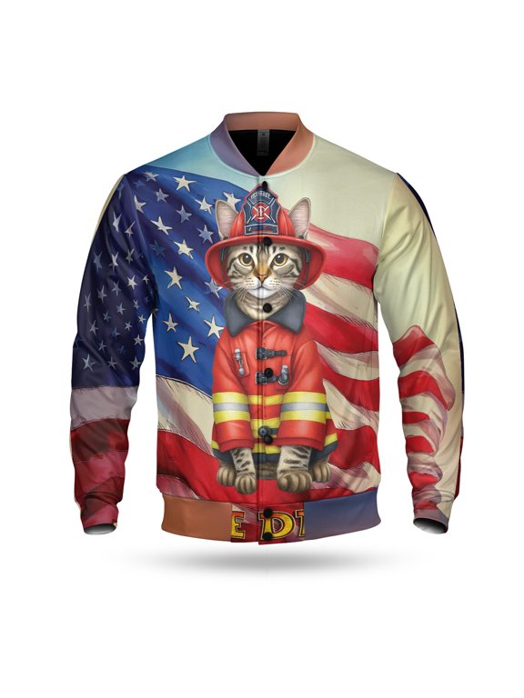 Firefighter Manx Hero Rescue Fire Dept Fireman USA Flag All Over Print 3D Baseball Jacket Cat Lover Kitten Owner Gifts Bomber Jacket Softball - 02026