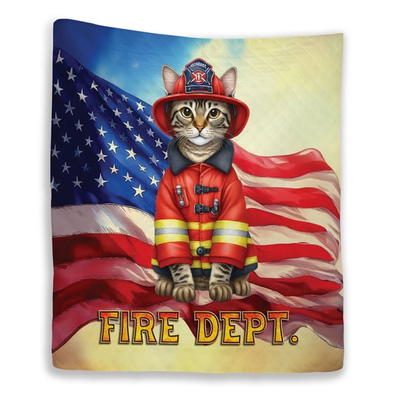 Firefighter Manx Hero Rescue Fire Dept Fireman USA Flag Quilt Blanket Cat Lover Kitten Owner Gifts Cozy Comforter Throw Blanket - 02026