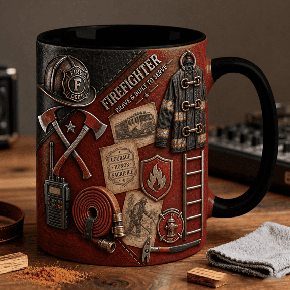 Firefighter Mug Rustic Red Rescue Gear Coffee Cup Gift for Firefighters & Supporters