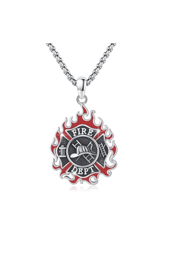 Firefighter Necklace for Men 925 Sterling Silver Firefighter Fire Medallion Pendant Prayer Blessing Pendant Necklace Jewelry Christmas Birthday Father's Day Gift (With Gift Box)