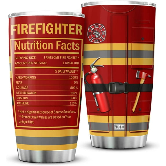 Firefighter Nutrition Facts Tumbler Stainless Steel Cup With Lid 20oz Firefighting Gifts For Men Women Insulated Travel Mug Funny Saying Coffee Cup Fireman Gift Ideas For Him