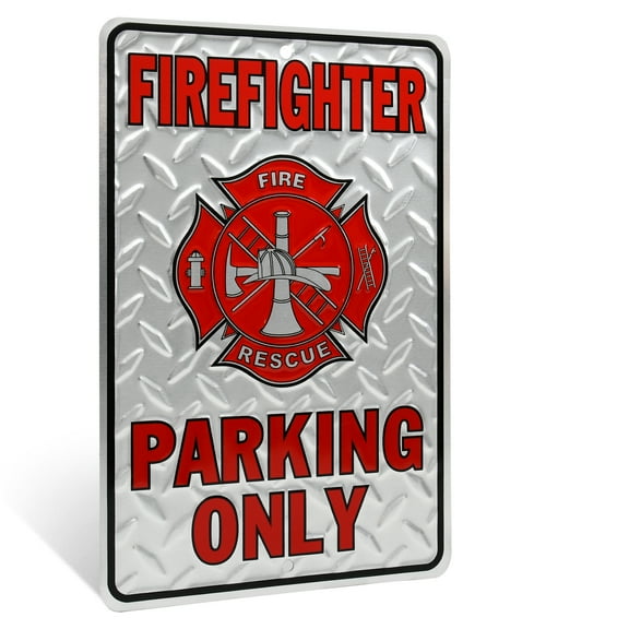 Firefighter Parking Only Embossed Diamond Plate Tin Sign Wall Decor Fireman Gift