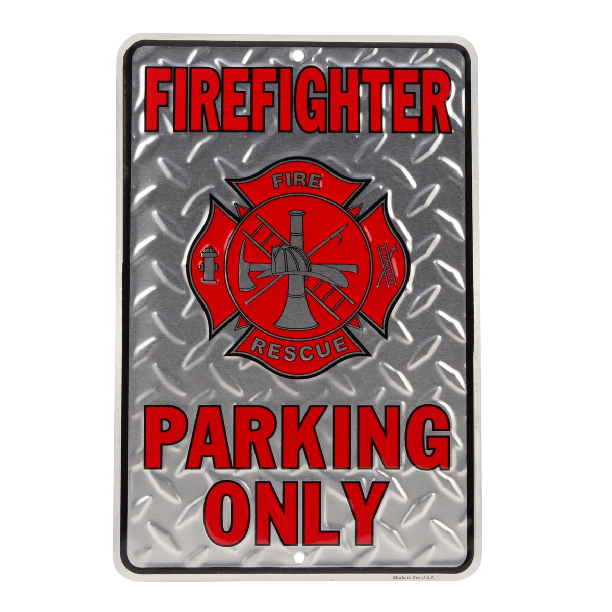 Firefighter Parking Only Embossed Diamond Plate Tin Sign Firefighter Parking Only Embossed Diamond Plate Tin Sign