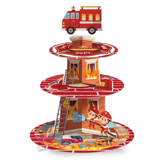 Firefighter Party Decoration Cupcake Stand, Firefighter Birthday Party Decorations - 3 Tier Fire Truck Cupcake Tower, Fire Fighter Theme Cake Holder Dessert Stand for Firetruck Birthday Decorations
