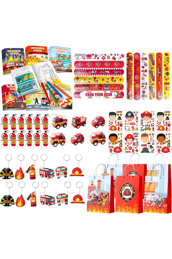 Firefighter Party Favors, 108pcs Fire Truck Party Favors Set- Stickers Slap Bracelets Keychains Etc Firefighter Birthday Party Supplies