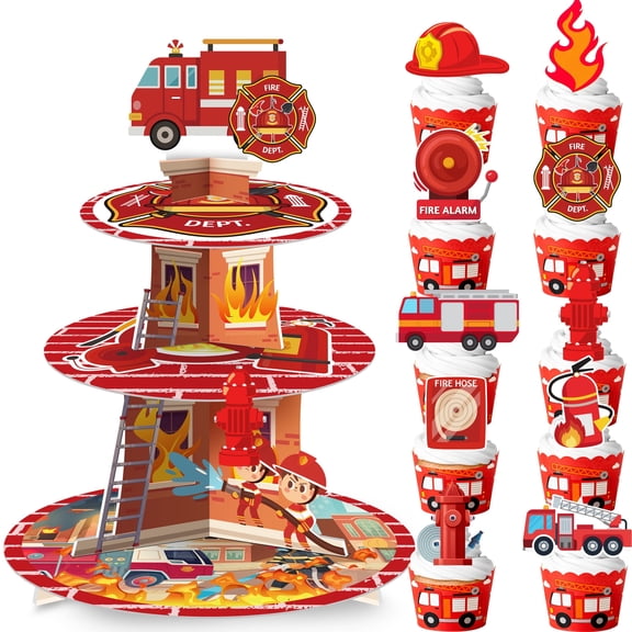 Firefighter Party Supplies Cupcake Stand, Firefighter Birthday Party Decorations Set Includes 3 Tier Fire Truck Cupcake Holder, 12pcs Firetruck Cupcake Toppers for Firetruck Birthday Decorations