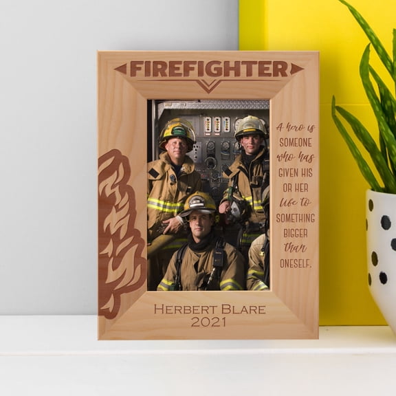Firefighter Personalized Wooden Frame 4" x 6" Brown (Vertical)