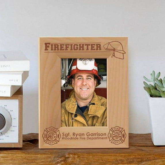Firefighter Personalized Wooden Picture Frame 3 1/2" x 5" Brown (Vertical)