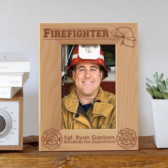 Firefighter Personalized Wooden Picture Frame 4" x 6" Brown (Vertical)