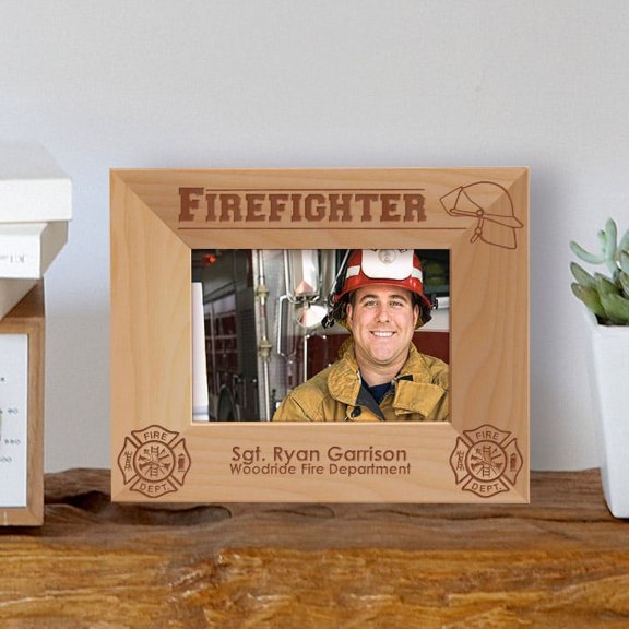 Firefighter Personalized Wooden Picture Frame-5" x 3 1/2" Brown Horizontal